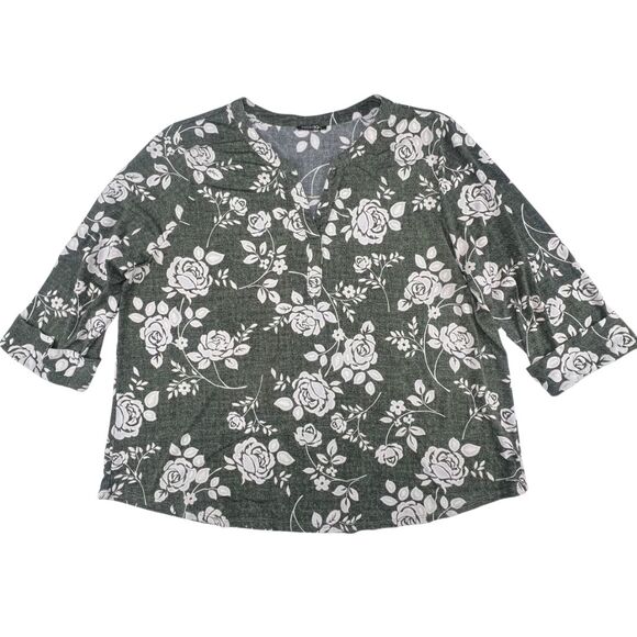 Papermoon Blouse 3X Gray Green Tones Floral White Rose Print Split Neck Top - Picture 5 of 9